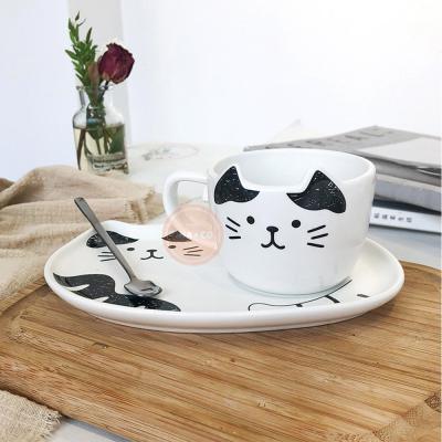 Juego De Taza+Plato Cerámica & Cuchara Diseño Cats A